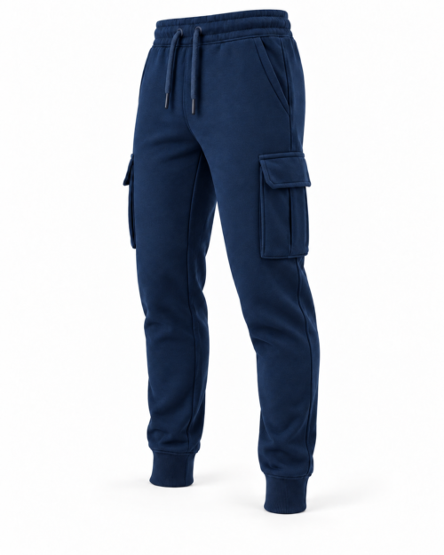 Navy men's slim fit cargo pocket joggers, angle view