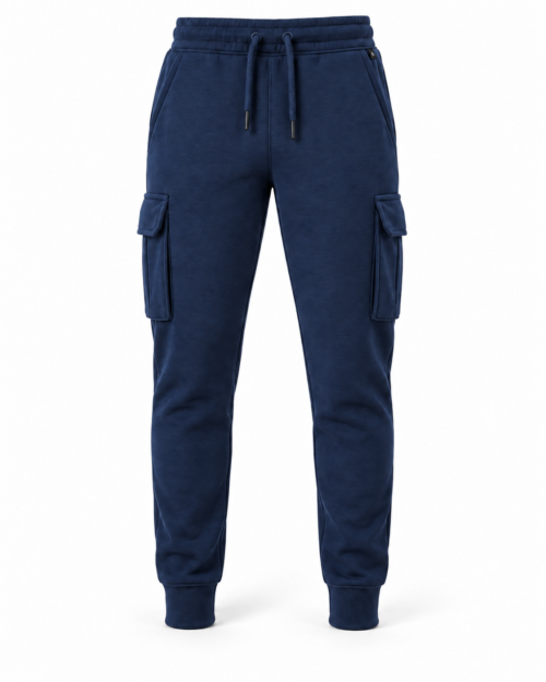 Navy men's slim fit cargo pocket joggers, front view