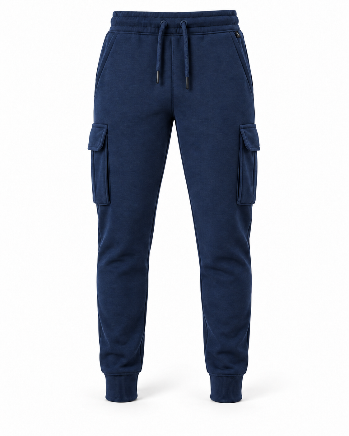 Navy men's slim fit cargo pocket joggers, front view