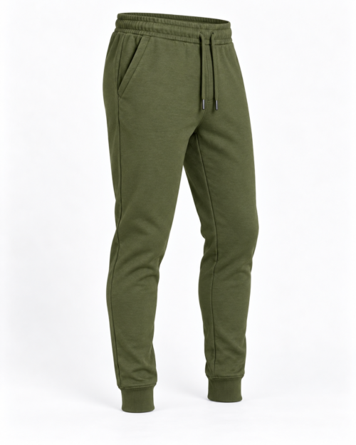 Olive men's slim fit tapered leg joggers, angle view