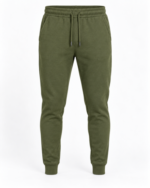 Olive men's slim fit tapered leg joggers, front view