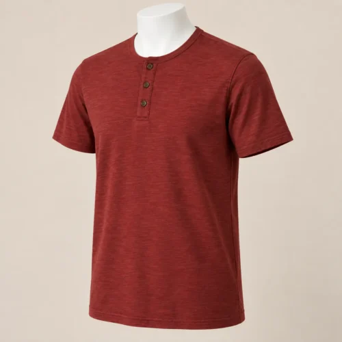 Men's Classic Fit Henley T-Shirt in deep brick red by Attirings, three-quarter view