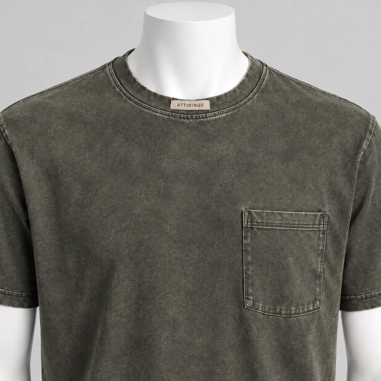Men's Classic Fit Pocket T-Shirt in mineral-washed charcoal olive by Attirings, neckline and pocket detail