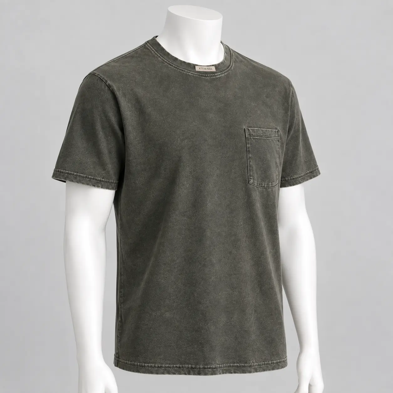 Men's Classic Fit Pocket T-Shirt in mineral-washed charcoal olive by Attirings, front view
