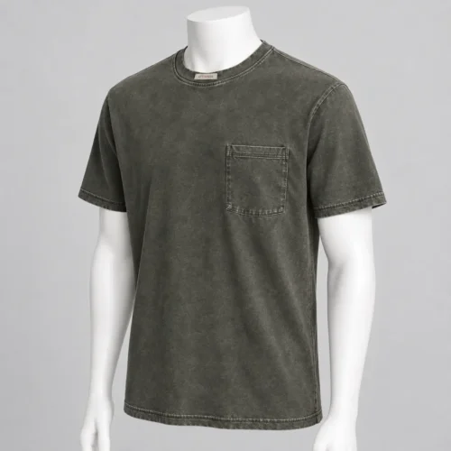 Men's Classic Fit Pocket T-Shirt in mineral-washed charcoal olive by Attirings, three-quarter view