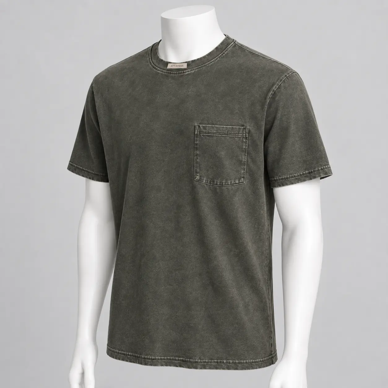 Men's Classic Fit Pocket T-Shirt in mineral-washed charcoal olive by Attirings, three-quarter view
