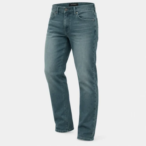 Men's Comfort Fit Stretch Jeans in slate teal by Attirings, three-quarter view
