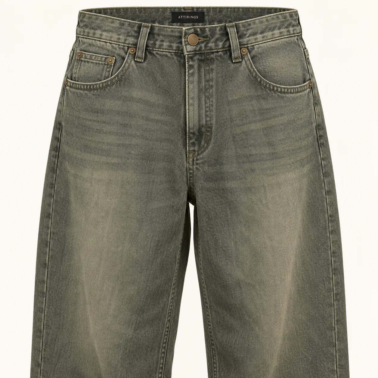 Attirings Men’s Loose Fit Denim Jeans in faded olive-grey, waistband and pocket detail