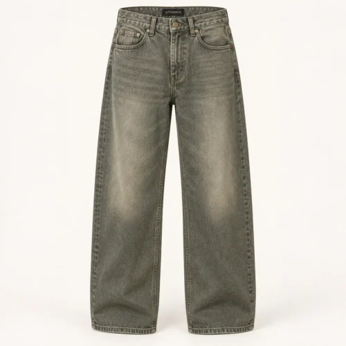 Attirings Men’s Loose Fit Denim Jeans in faded olive-grey, front view
