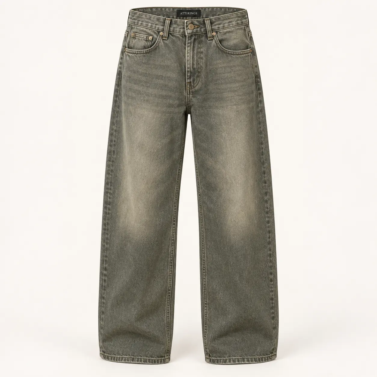 Attirings Men’s Loose Fit Denim Jeans in faded olive-grey, front view