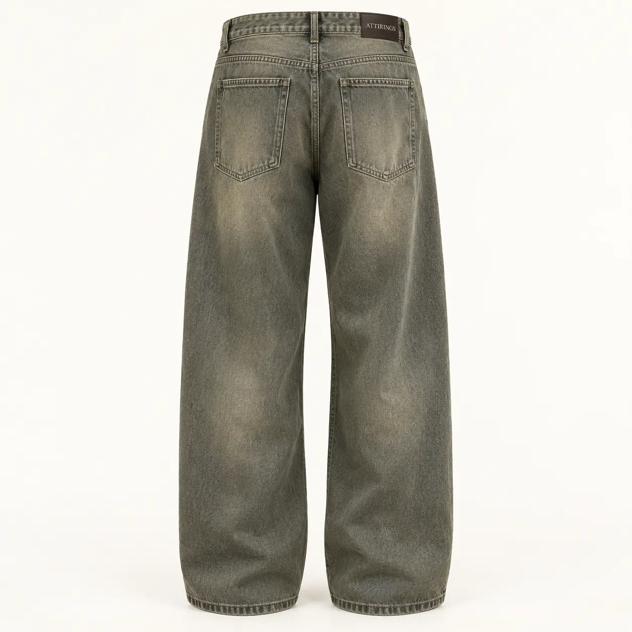 Attirings Men’s Loose Fit Denim Jeans in faded olive-grey, rear view