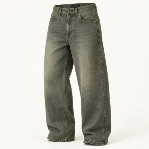 Attirings Men’s Loose Fit Denim Jeans in faded olive-grey, three-quarter view