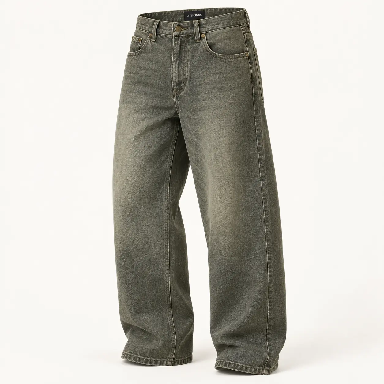 Attirings Men’s Loose Fit Denim Jeans in faded olive-grey, three-quarter view