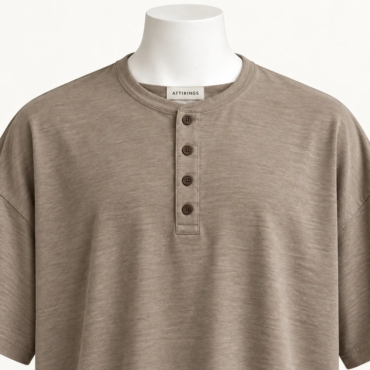 Men's Oversized Fit Henley T-Shirt in stone taupe by Attirings, neckline and button detail