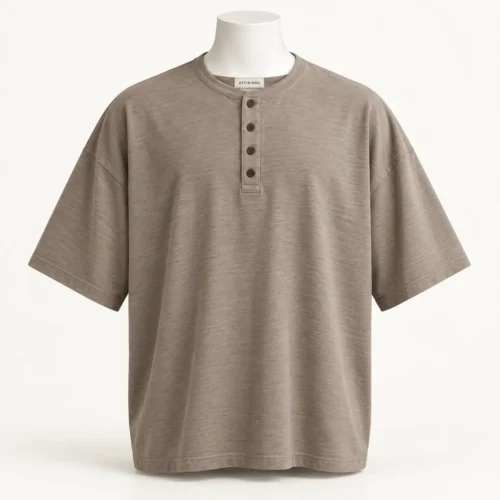 Men's Oversized Fit Henley T-Shirt in stone taupe by Attirings, front view