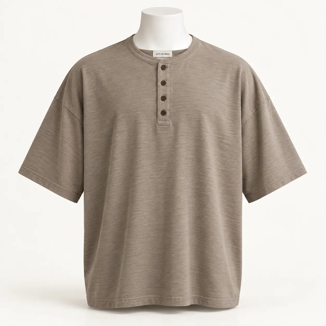 Men's Oversized Fit Henley T-Shirt in stone taupe by Attirings, front view