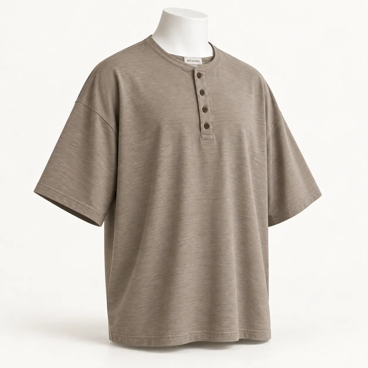 Men's Oversized Fit Henley T-Shirt in stone taupe by Attirings, three-quarter view