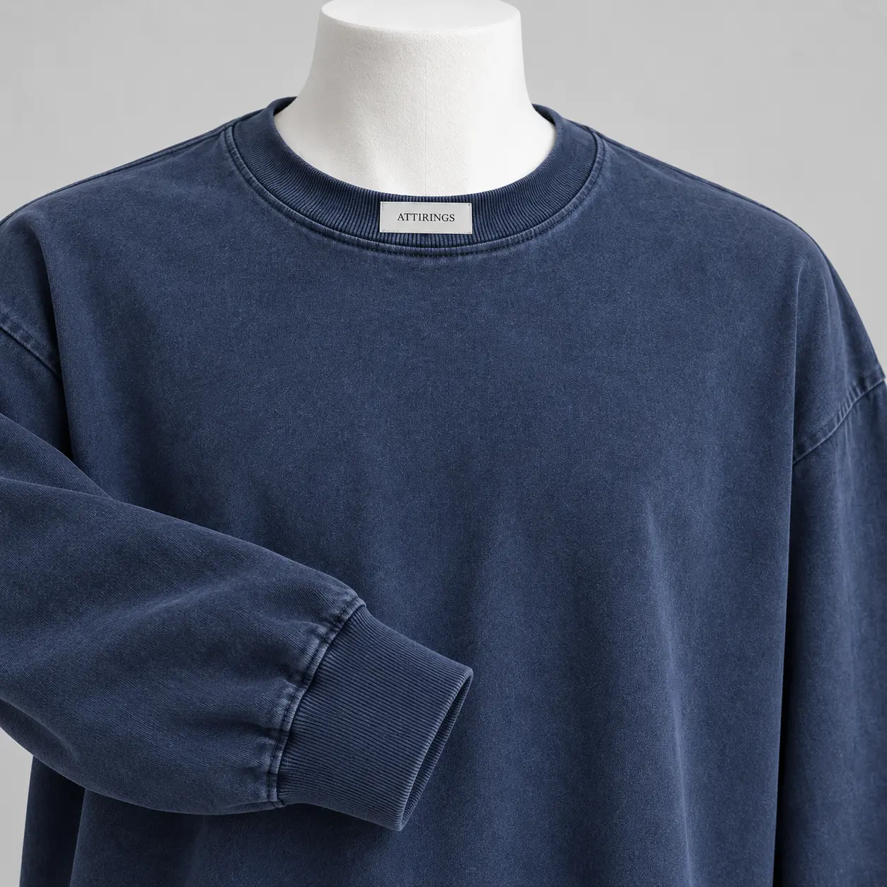 Men's Oversized Fit Long Sleeve T-Shirt in washed midnight indigo by Attirings, neckline and cuff detail