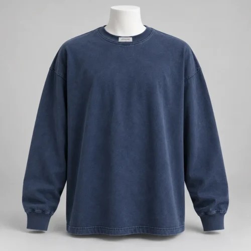 Men's Oversized Fit Long Sleeve T-Shirt in washed midnight indigo by Attirings, front view