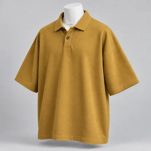 Men's Oversized Fit Polo Collar T-Shirt in muted ochre gold by Attirings, three-quarter view