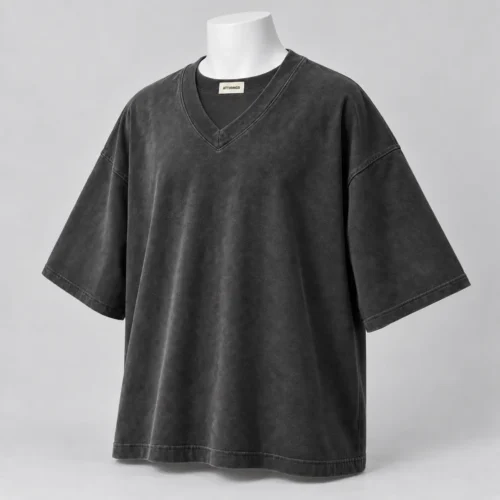 Men's Oversized Fit V-Neck T-Shirt in faded graphite black by Attirings, three-quarter view