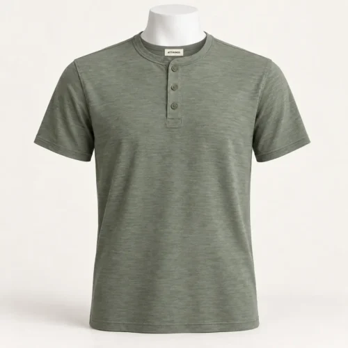 Men's Regular Fit Henley T-Shirt in washed sage grey-green by Attirings, front view