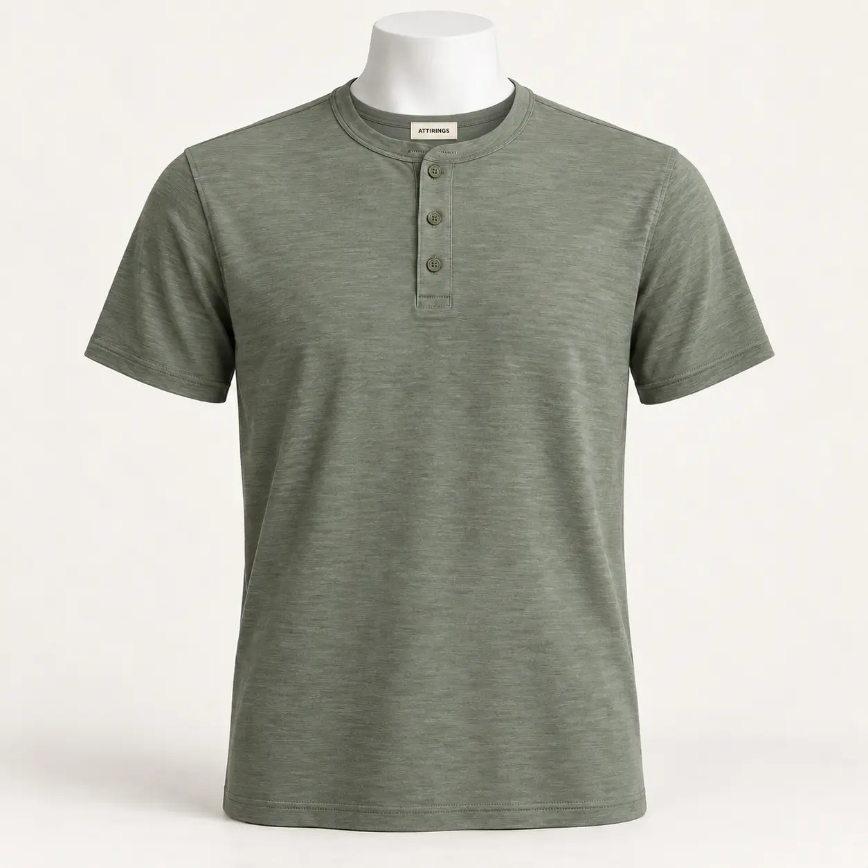 Men's Regular Fit Henley T-Shirt in washed sage grey-green by Attirings, front view