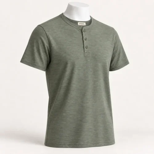Men's Regular Fit Henley T-Shirt in washed sage grey-green by Attirings, three-quarter view