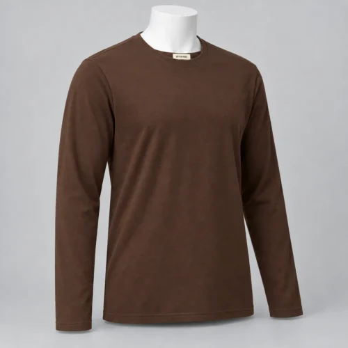 Men's Regular Fit Long Sleeve T-Shirt in deep cocoa brown by Attirings, three-quarter view