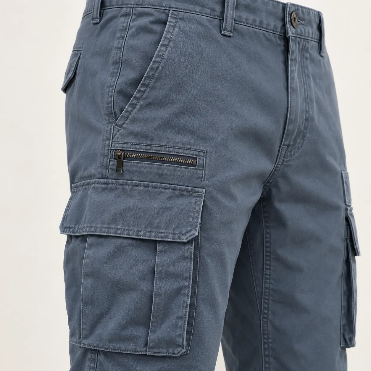 Men's Regular Fit Multi-Pocket Cargo Pants in steel blue pocket detail by Attirings