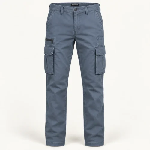 Men's Regular Fit Multi-Pocket Cargo Pants in steel blue front view by Attirings
