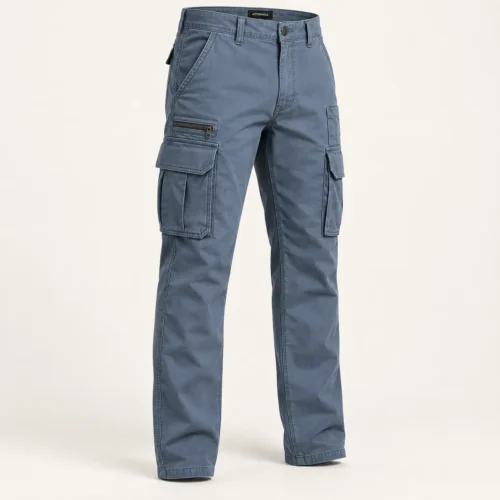 Men's Regular Fit Multi-Pocket Cargo Pants in steel blue three-quarter view by Attirings