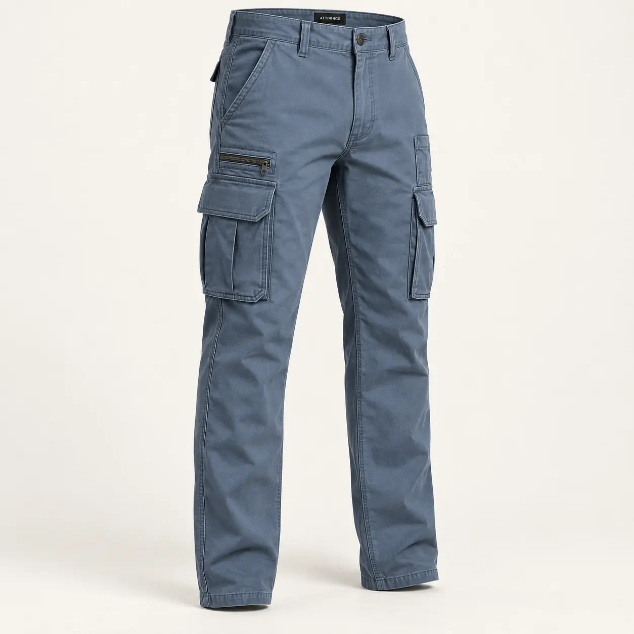 Men's Regular Fit Multi-Pocket Cargo Pants in steel blue three-quarter view by Attirings