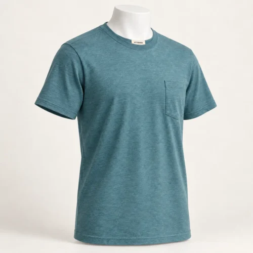 Men's Regular Fit Pocket T-Shirt in muted ocean teal by Attirings, three-quarter view