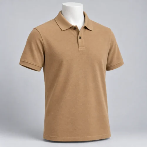Men's Regular Fit Polo Collar T-Shirt in camel tan by Attirings, three-quarter view