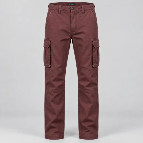 Men's Regular Fit Ripstop Cargo Pants in muted burgundy front view by Attirings