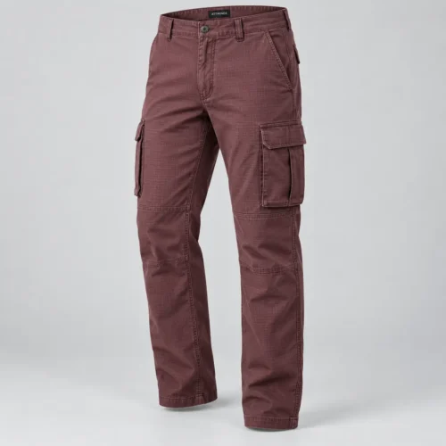 Men's Regular Fit Ripstop Cargo Pants in muted burgundy three-quarter view by Attirings