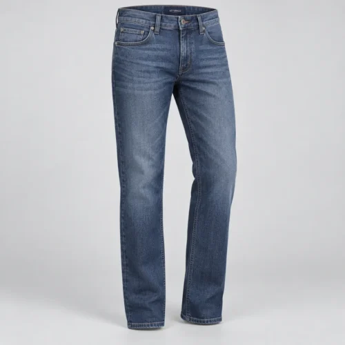 Attirings Men’s Regular Fit Stretch Denim Jeans in medium-deep indigo, three-quarter view