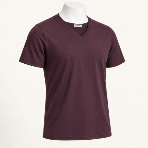Men's Regular Fit V-Neck T-Shirt in deep muted plum by Attirings, three-quarter view
