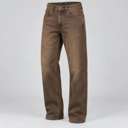 Men's Relaxed Fit Denim Jeans in tobacco brown by Attirings, three-quarter view