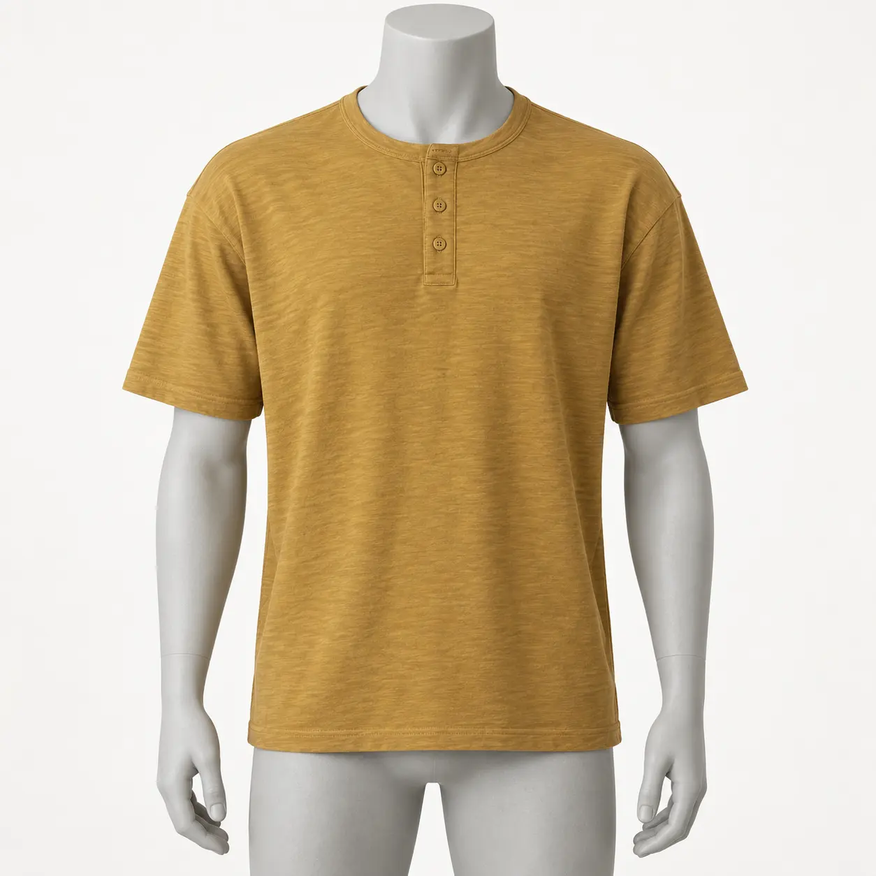 Men's Relaxed Fit Henley T-Shirt in washed mustard gold by Attirings, front view