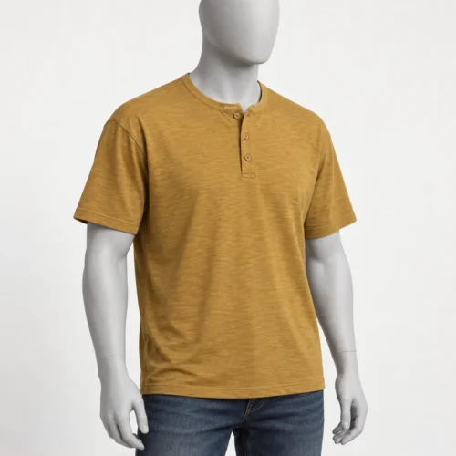 Men's Relaxed Fit Henley T-Shirt in washed mustard gold by Attirings, three-quarter view