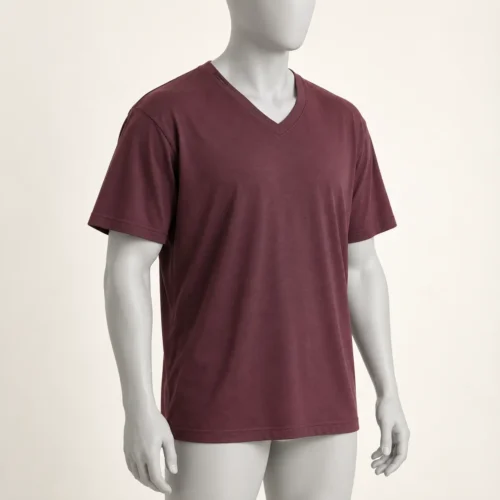 Men's Relaxed Fit V-Neck T-Shirt in deep plum by Attirings, three-quarter view