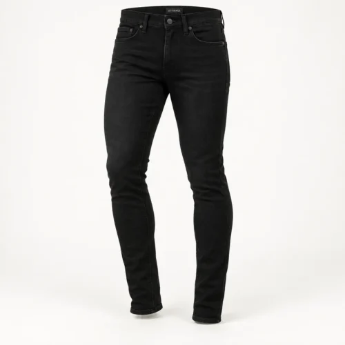 Men's Skinny Fit Black Denim Jeans in jet black by Attirings, three-quarter view