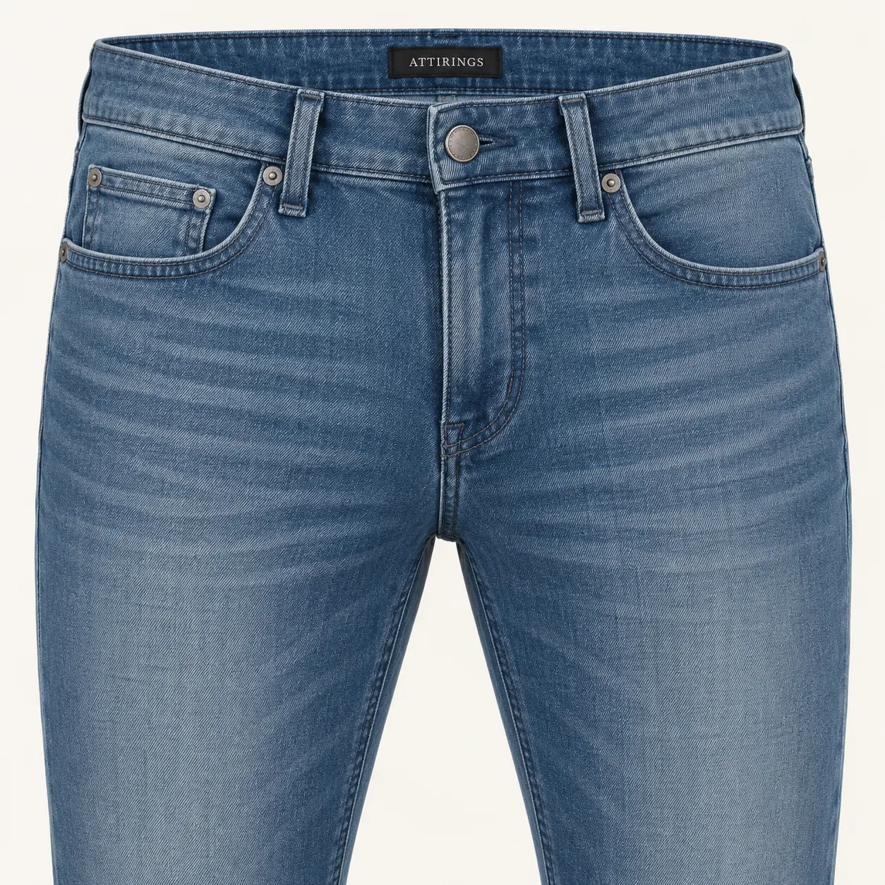 Men's Skinny Fit Stretch Jeans in ocean blue by Attirings, waistband and pocket detail