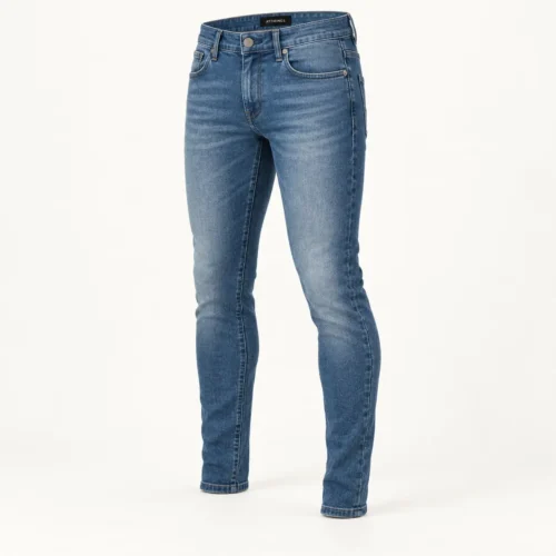 Men's Skinny Fit Stretch Jeans in ocean blue by Attirings, three-quarter view