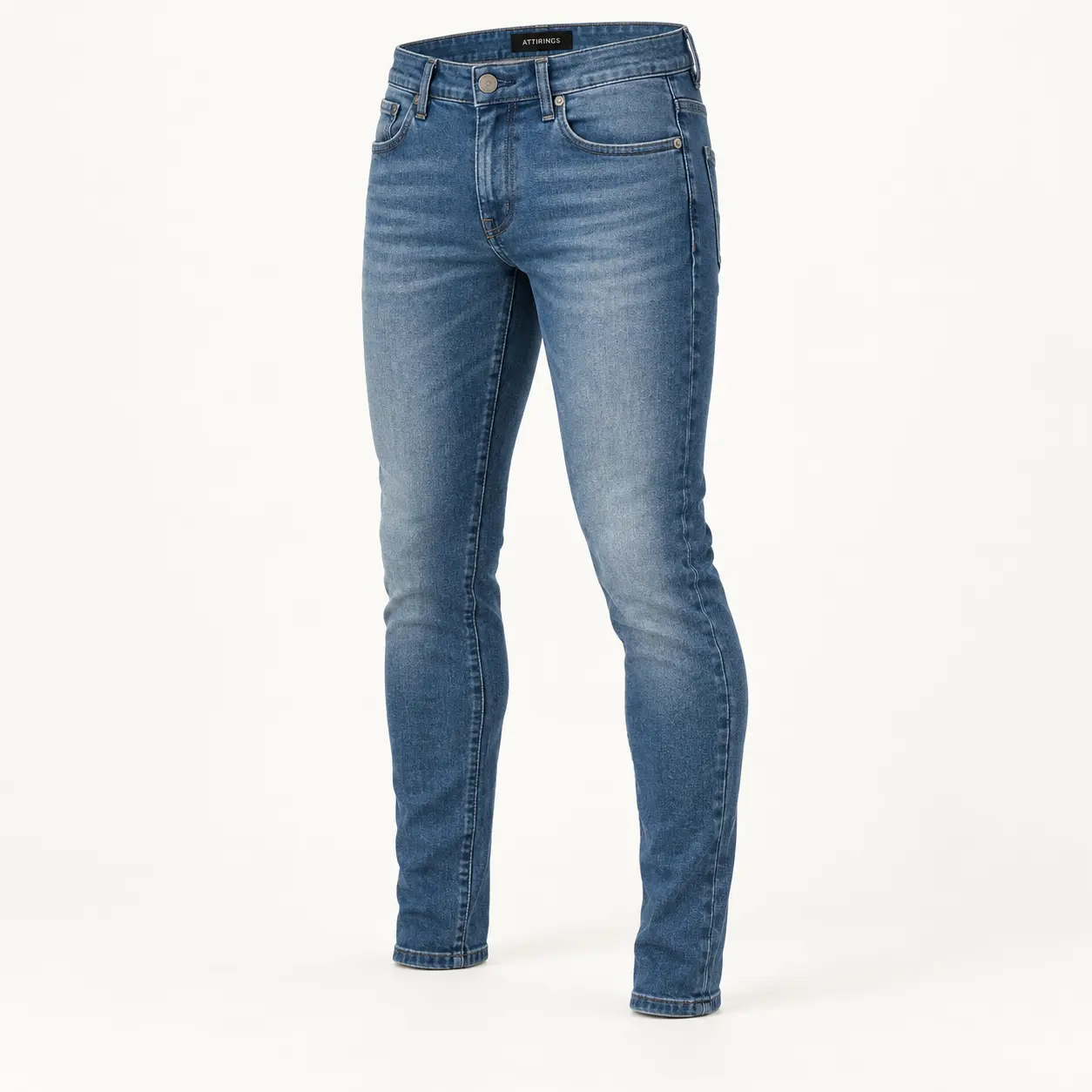 Men's Skinny Fit Stretch Jeans in ocean blue by Attirings, three-quarter view