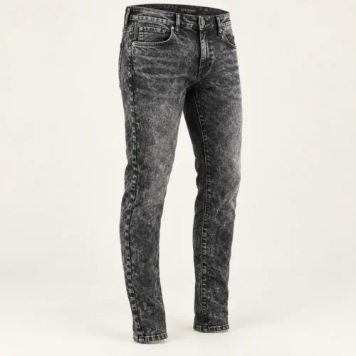 Men's Slim Fit Acid Wash Jeans in charcoal black by Attirings, three-quarter view