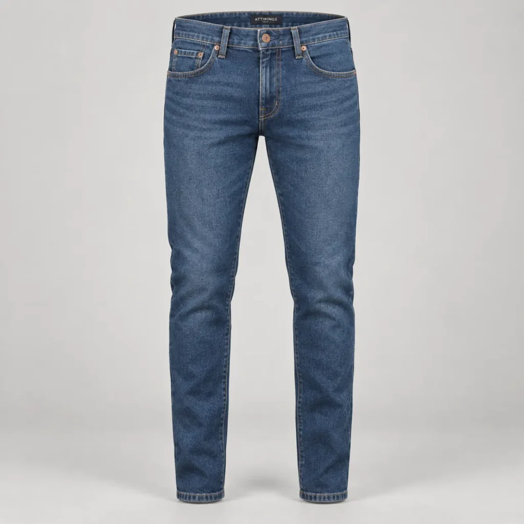 Front view of indigo slim-fit denim jeans