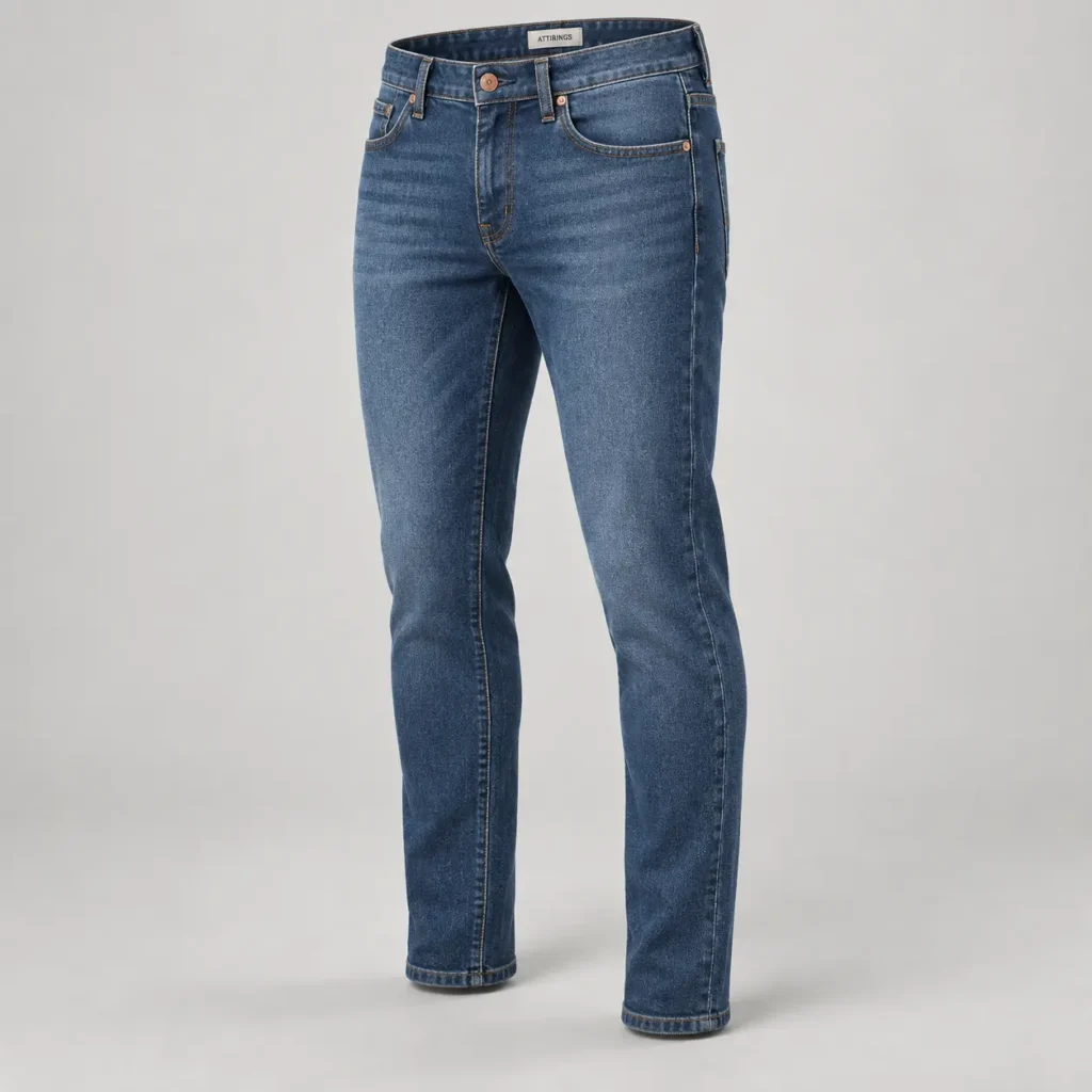 Three-quarter view of indigo slim-fit denim jeans